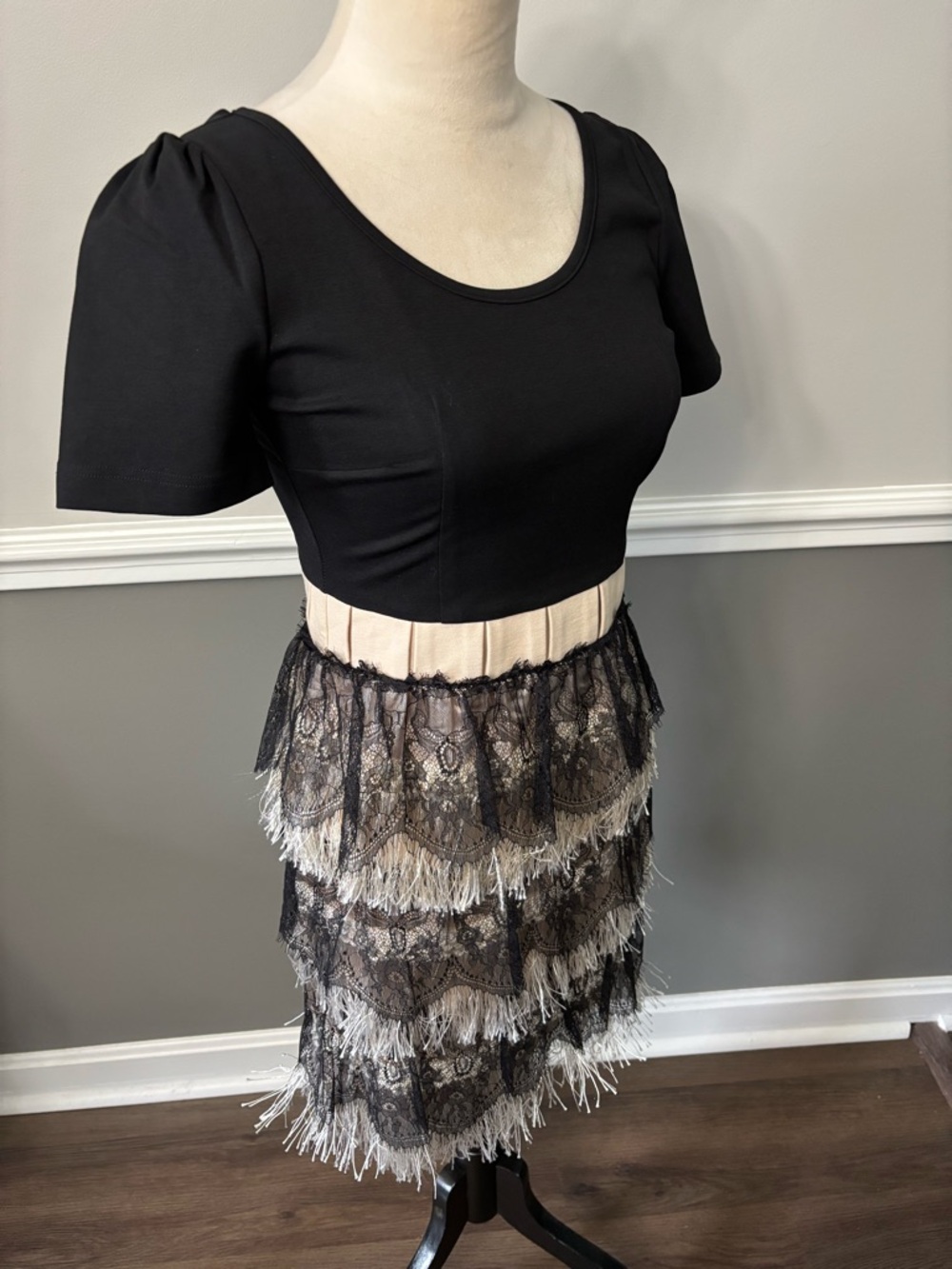 Women's Black Lace Fringe Tiered Skirt with Cream Band